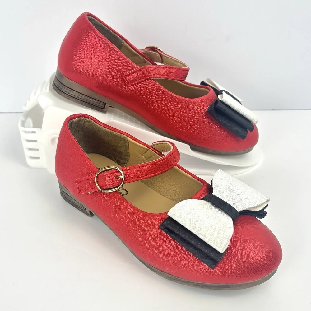 Pipperdoodles Shimmer Red Dress Shoes White Black Bow Gold Buckle EU 35  US 3